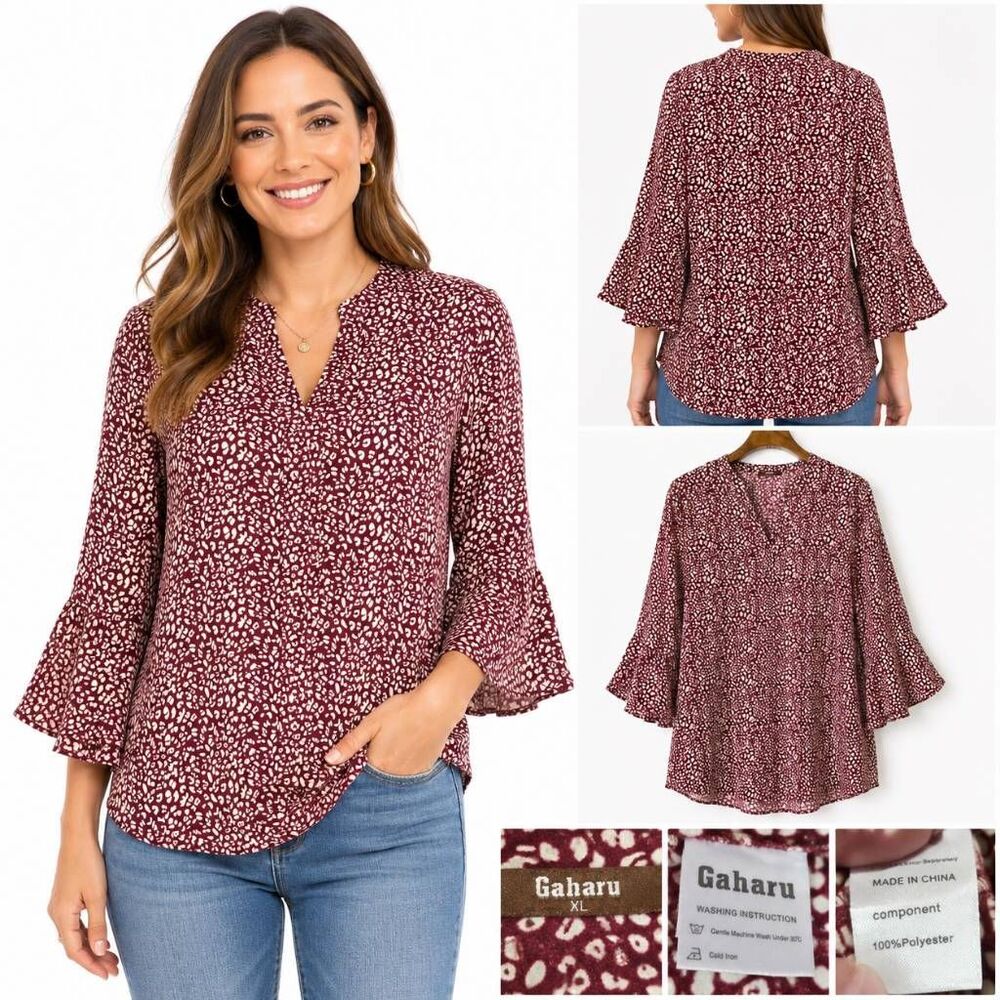 Gaharu Women’s XL Burgundy Printed Bell Sleeve Blouse